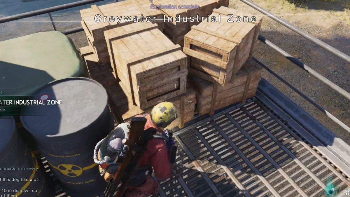 The Exploration Complete message flashes across the player's screen at Greywater Industrial Zone.