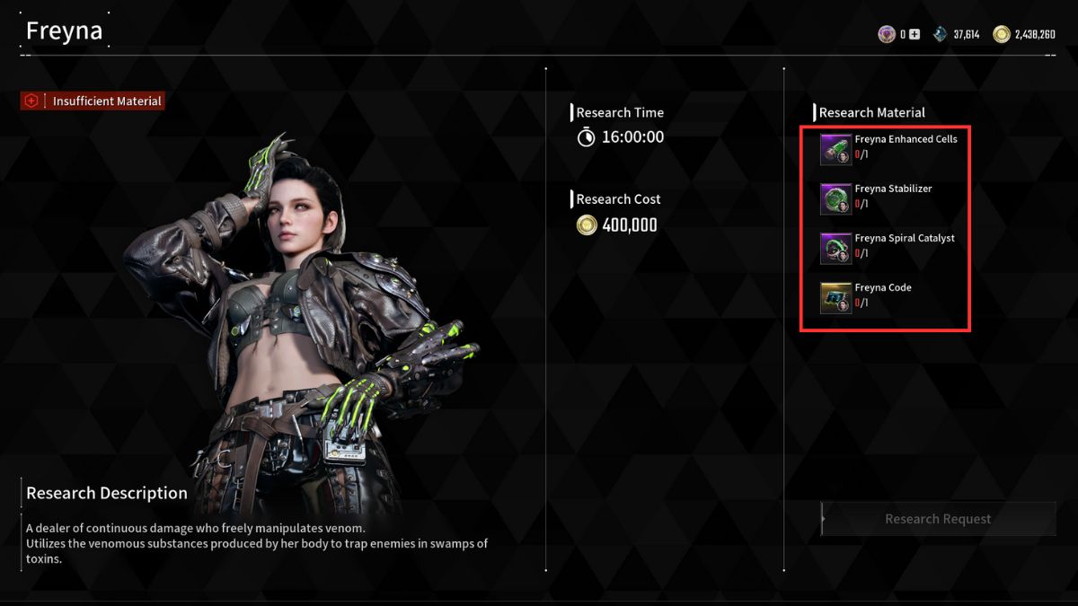 Freyna's research screen, along with unlock requirements from The First Descendant.