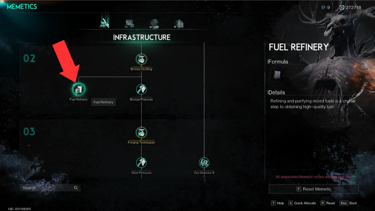 The Memetics Screen in Once Human with the Fuel Refinery highlighted by an arrow for fuel production in Once Human.