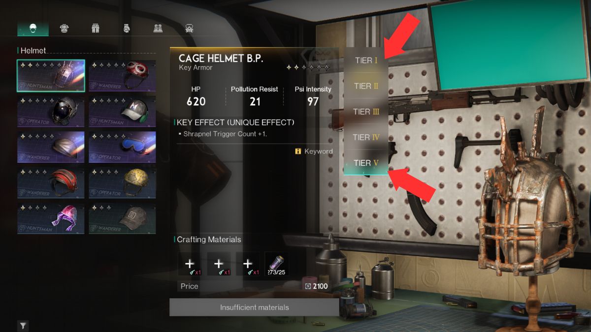 Crafting gear at a workbench in Once Human, with the tiers of the armor highlighted. 
