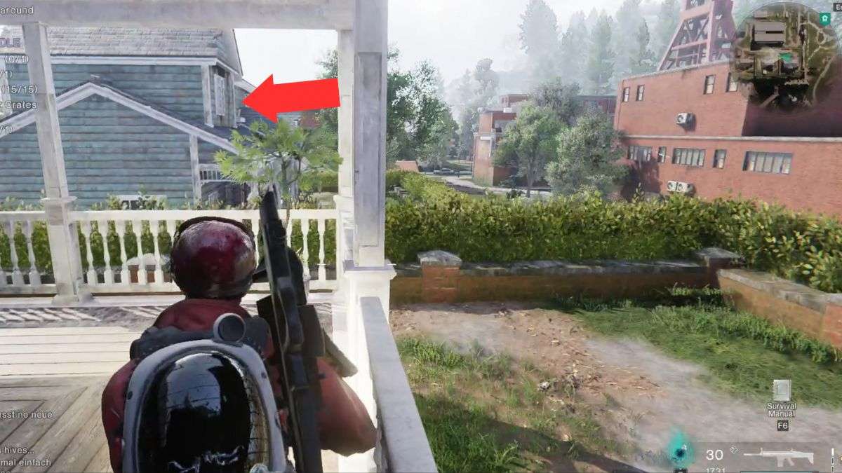 A green house marked with an arrow at Rotten Saddle, showing the location of a gear crate in Once Human.