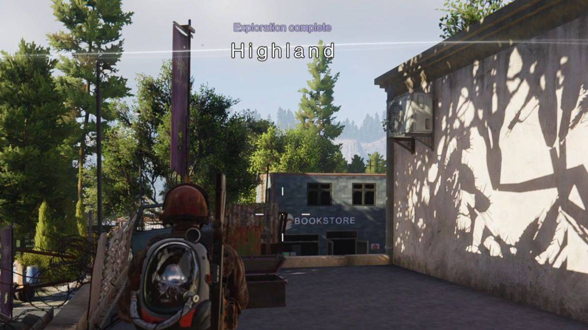 A player overlooks Highland while the Exploration Complete message flashes across the screen.