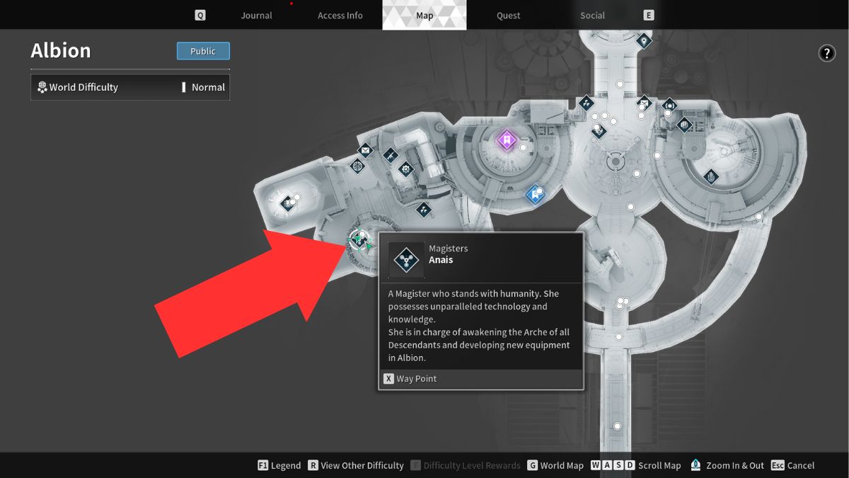 An arrow showing the location of Anais on a map, where the players can get Phase Exchangers in The First Descendant.