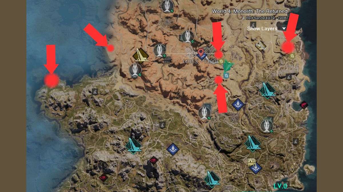A map of all the polluted areas on the Once Human map, marked by arrows and circles.