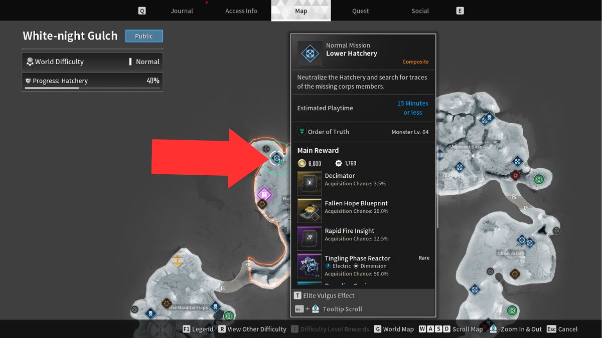 An arrow on a map showing where to find the Fallen Hope Blueprint.