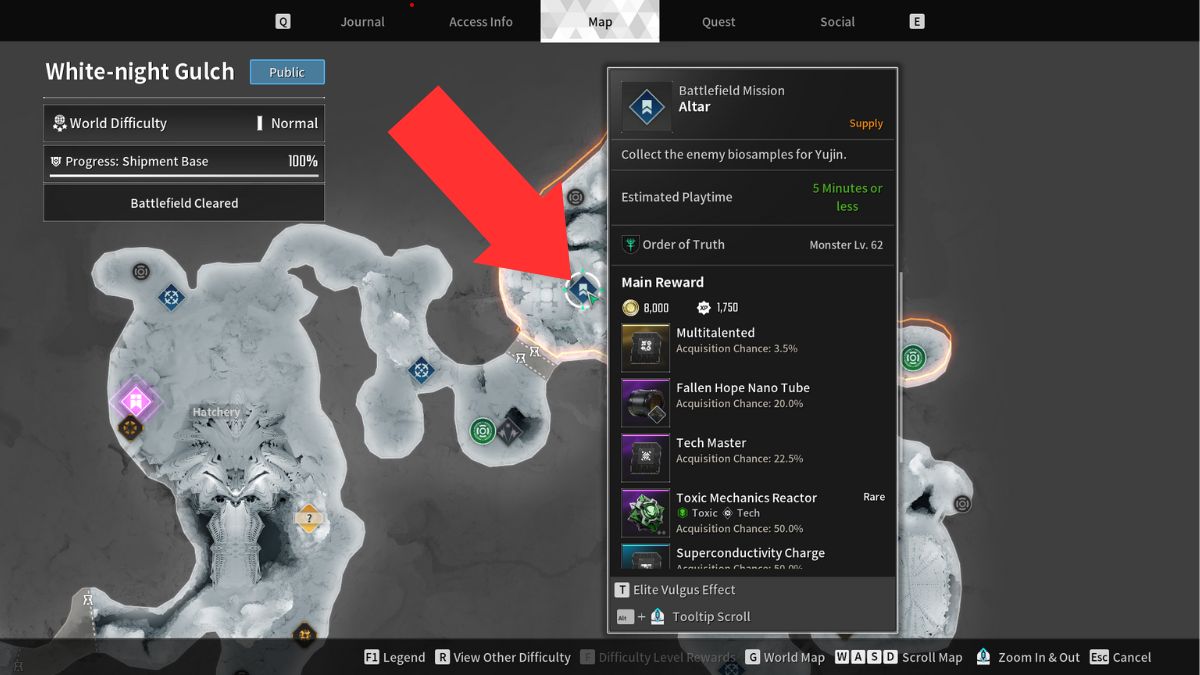 An arrow on a map showing where to find the Fallen Hope Nano Tube.