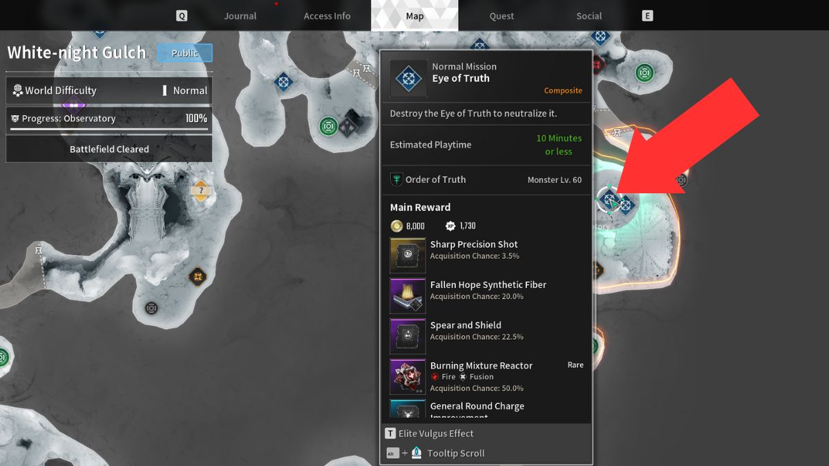 An arrow on a map showing where to find the Fallen Hope Synthetic Fiber.