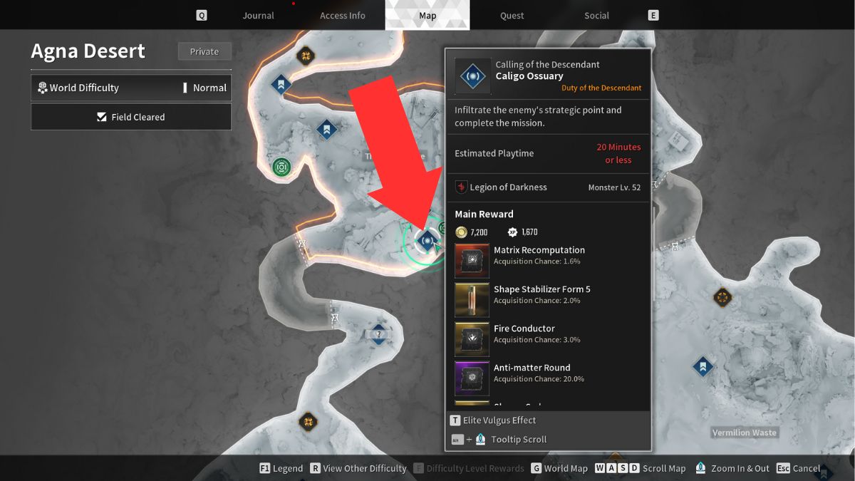 A map of Agna Desert showing where to get Sharen Code in The First Descendant.