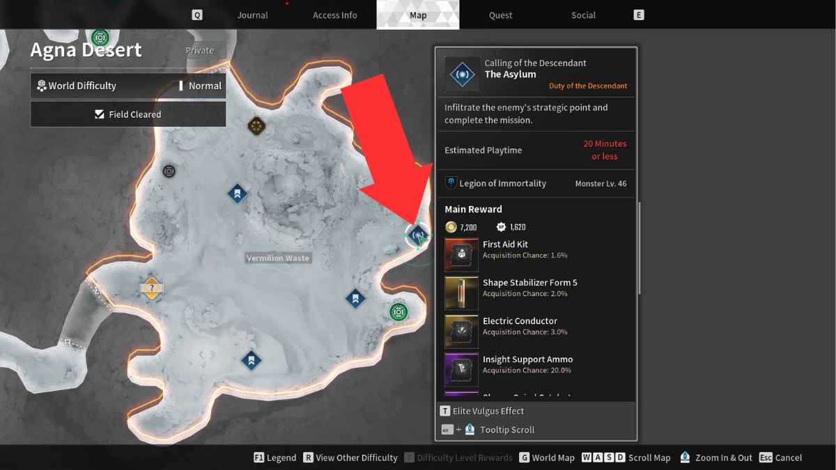A map of Agna Desert with an arrow showing where to get Sharen Spiral Catalyst in The First Descendant.