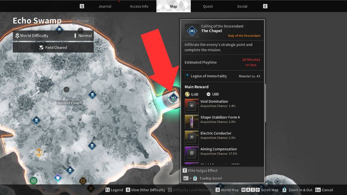 A map of Agna Desert in The First Descendant with an arrow showing where to get Sharen Stabilizer.