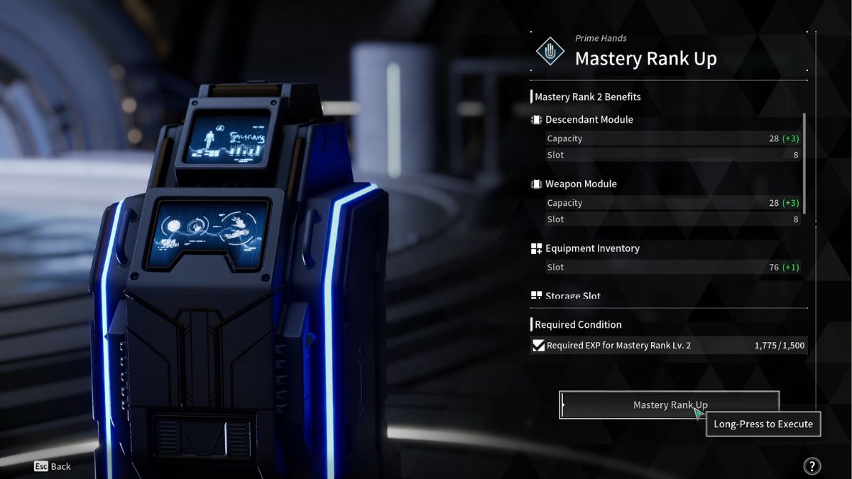 The Mastery upgrade screen at the prime hands terminal in The First Descendant