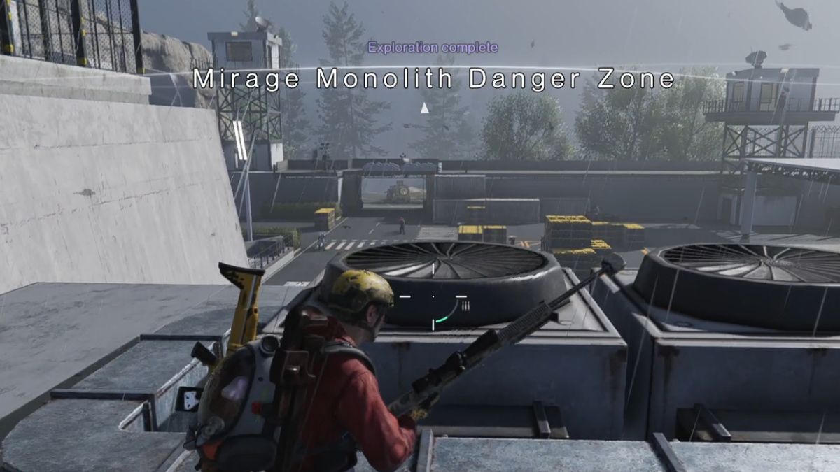 The Mirage Monolith exploration complete message displays on screen as the player battles enemies from a rooftop.