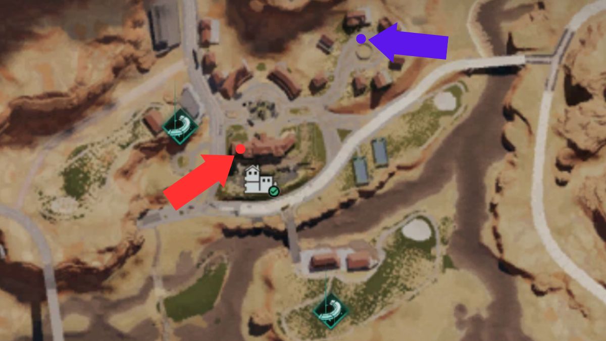 The Mystical crate in Evergreen marked in red on a map, and the hidden Mystical Crate marked in purple.