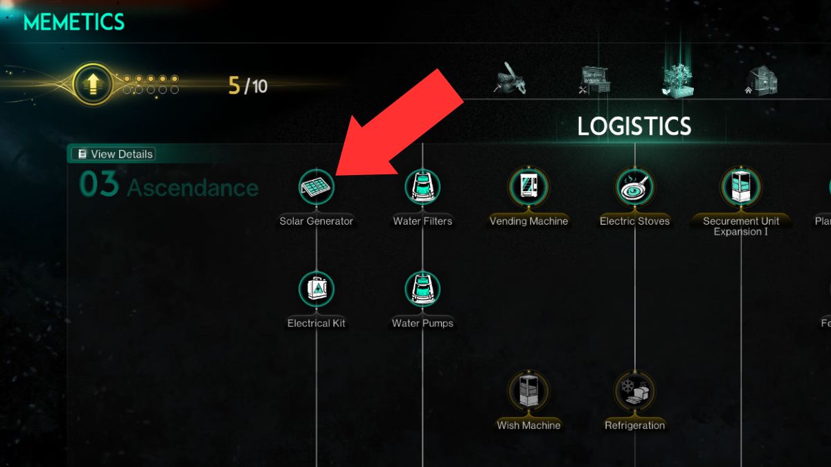 The Memetics screen in Once Human showing where to unlock power generation in Once Human.