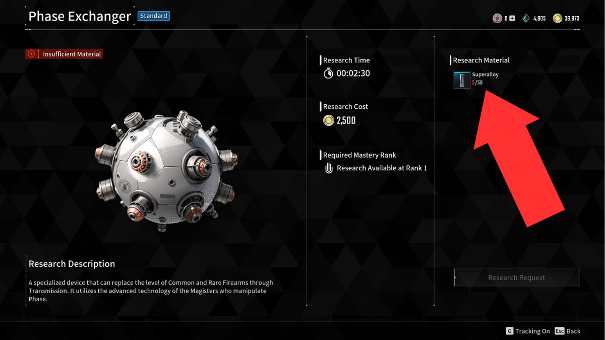 The Phase Exchanger research screen showing the player what is required to obtain Phase Exchangers.