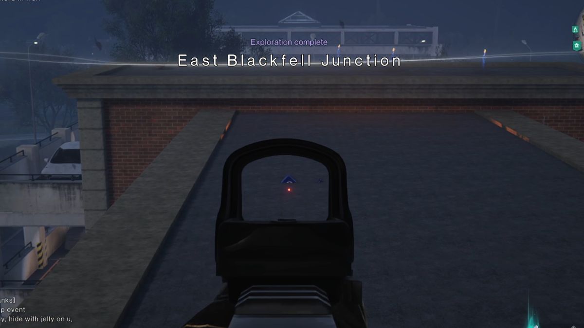 A player aiming down their sights in Once Human while the exploration complete message for East Blackfell Junction flashes across the screen.
