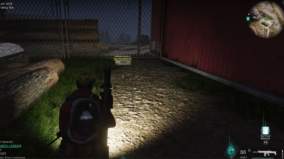 Player approaches a gear crate behind a shed in at Holt Town in Once Human.