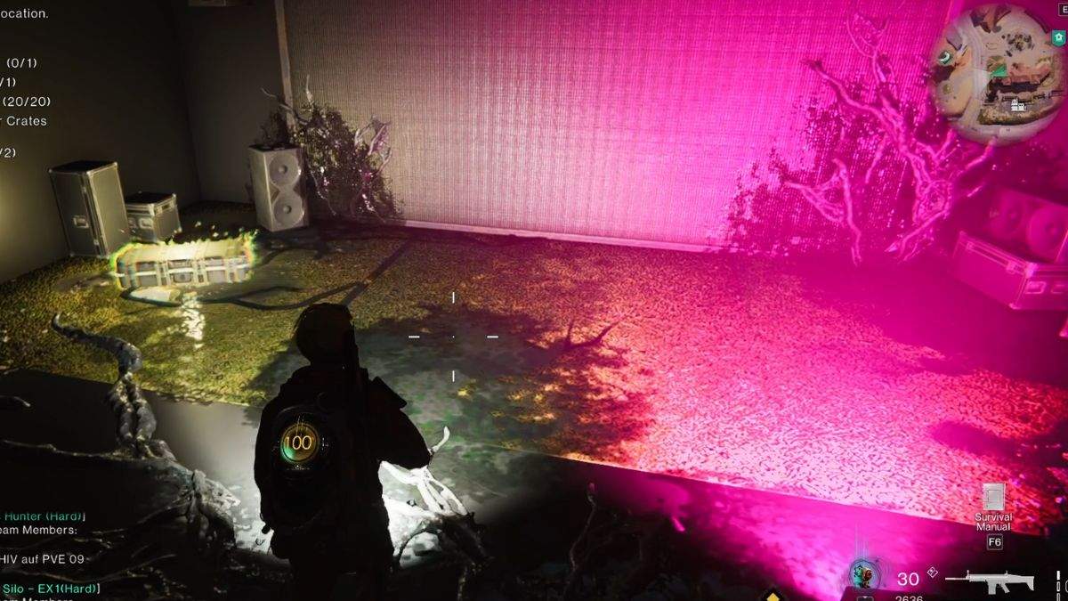 Player approaching a weapon crate inside a building near a pink light at Evergreen in Once Human.