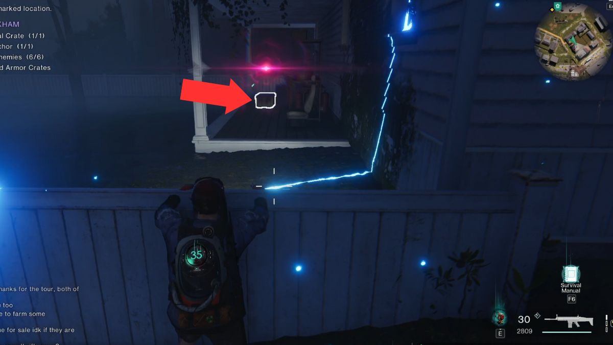Location of a gear crate at Brookham marked with an arrow in Once Human.