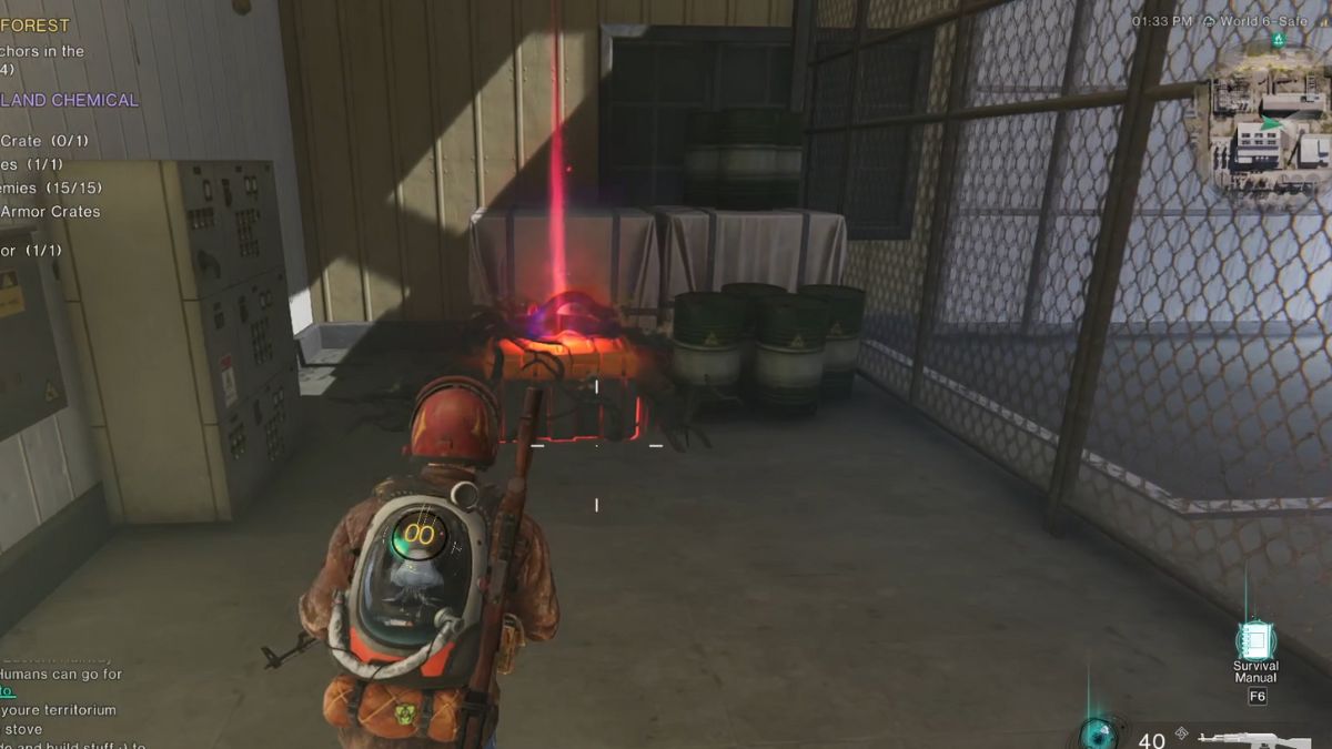 A player approaches the Mystical Chest at the Sutherland Chemical Plant in Once Human, showing where it's located.