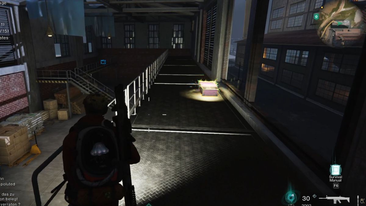 Player approaching a weapon crate on a walkway in a warehouse at Rippelby in Once Human.