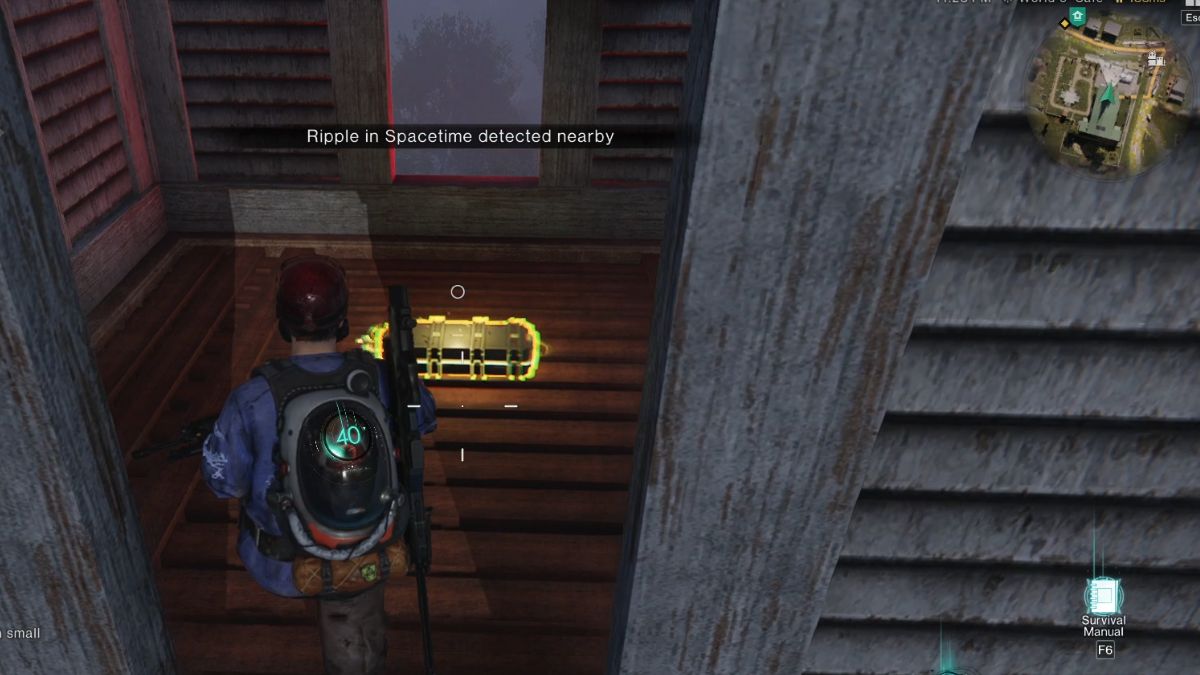 Player approaching a weapon crate in the church steeple at Brookham in Once Human.