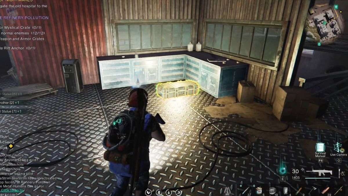 A player approaching the Weapons crate at Refinery Pollution Point in Once Human, showing its location.