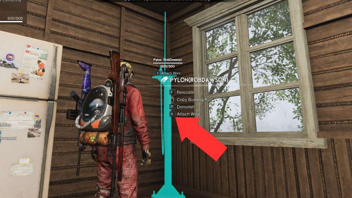 Player attaching a wire to a pylon for power generation in Once Human.