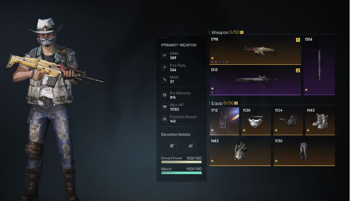 An experienced player's loadout screen in Once Human.