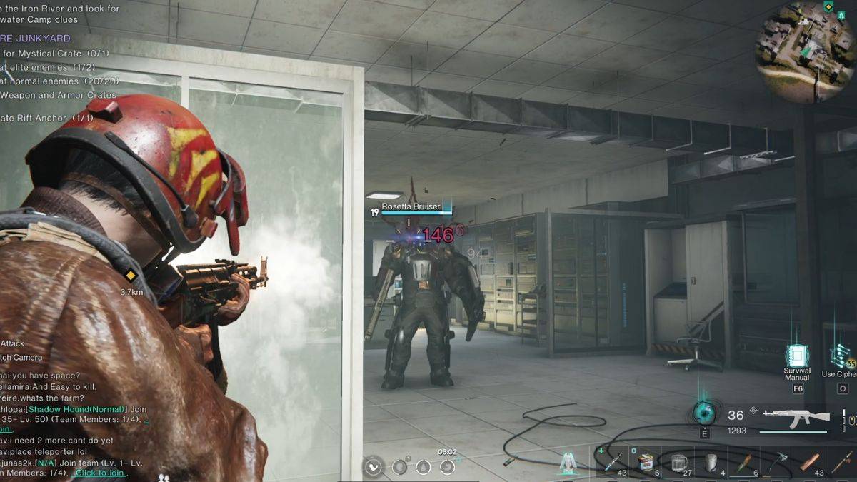 A player in Once Human fights a Rosetta Bruiser elite enemy at the Junkyard.