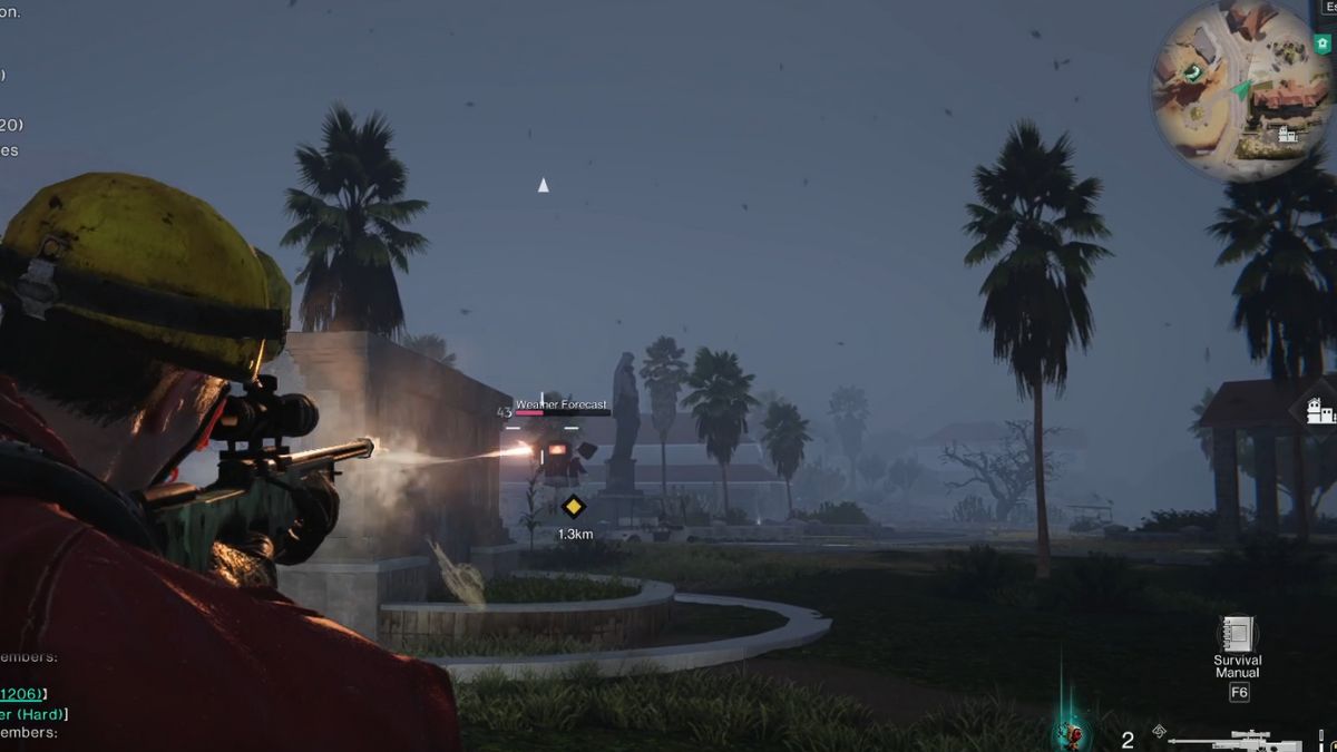 Player fighting the Weather Forecast Elite Enemy in Evergreen near the centre of town.