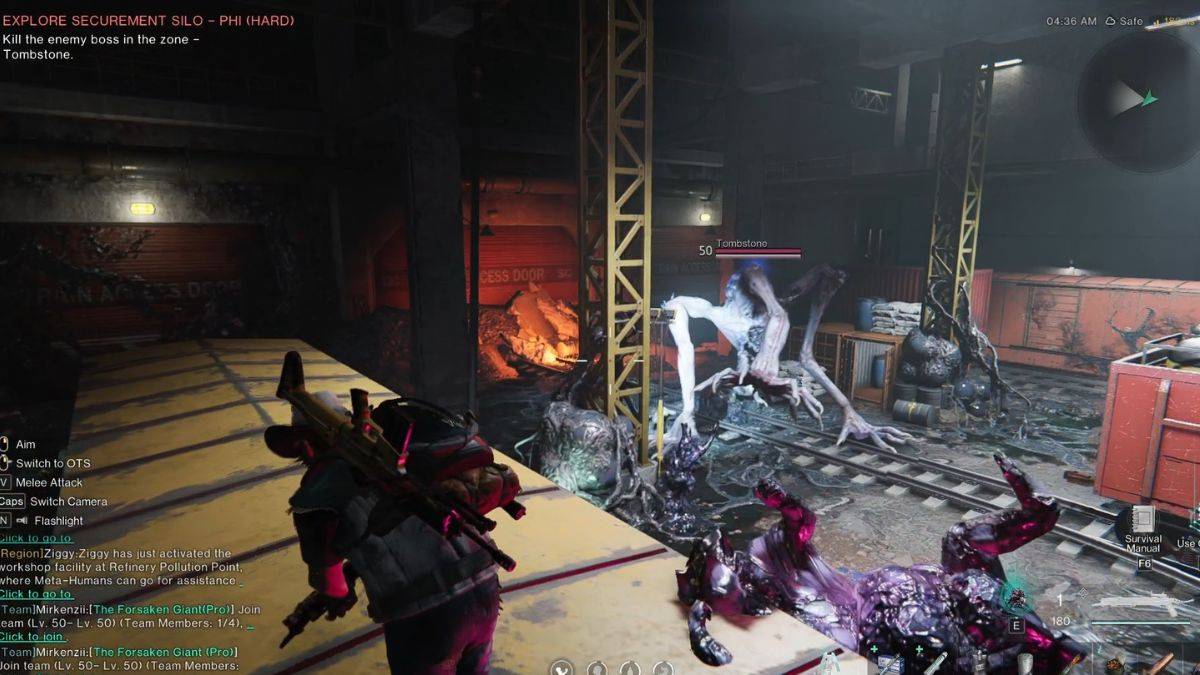 A player fights the boss of Securement Silo PHI, Tombstone, from the top of a yellow train car.