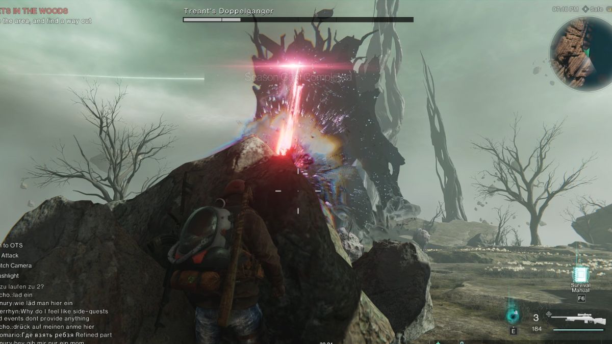 A player hiding behind a rock while the Treant's Doppleganger uses his beam attack in Once Human. 