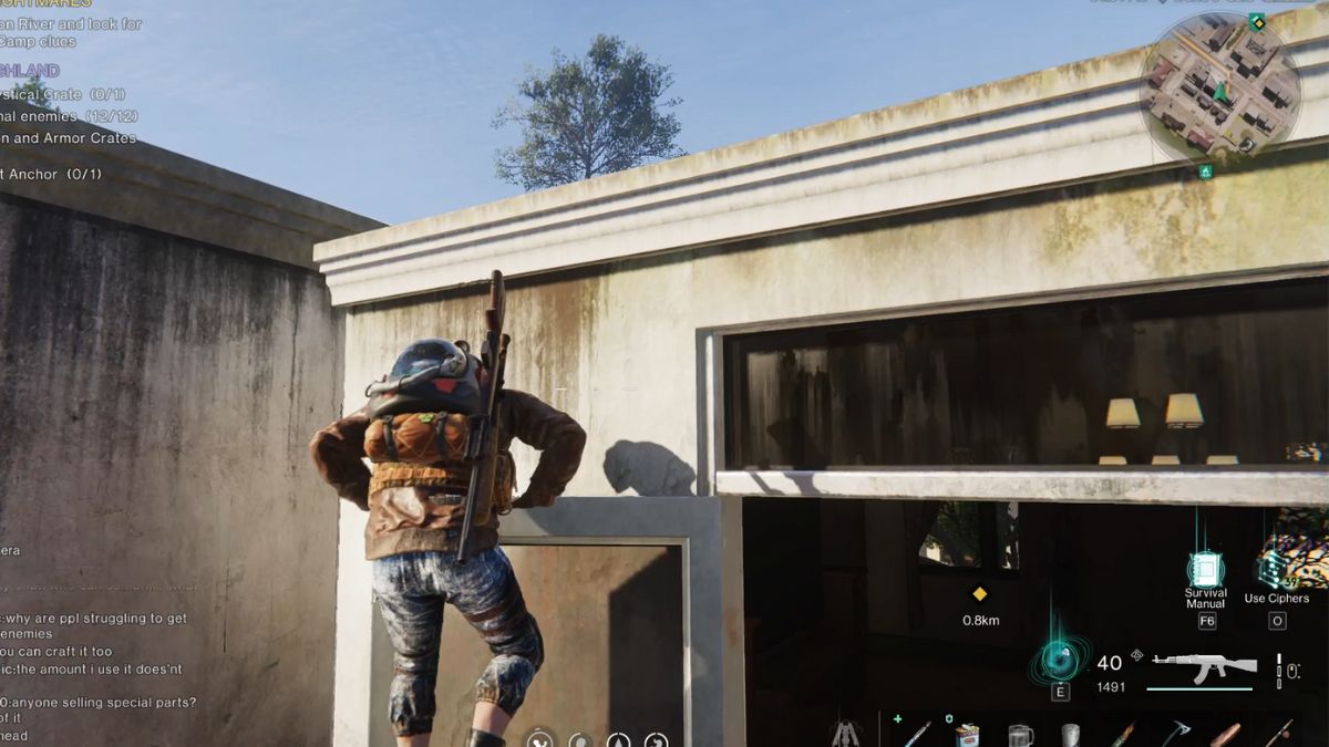 A player climbs onto the roof where the Mystical Crate in Highland can be found.