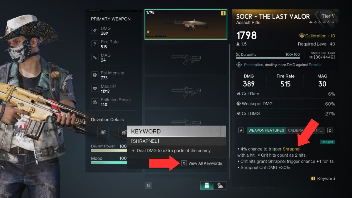 A player navigates to the keyword screen in menus marked with arrows for beginner player navigation in Once Human.