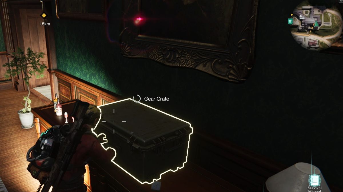 The player opening a gear crate in the dining room of the manor at Holt Town in Once Human.