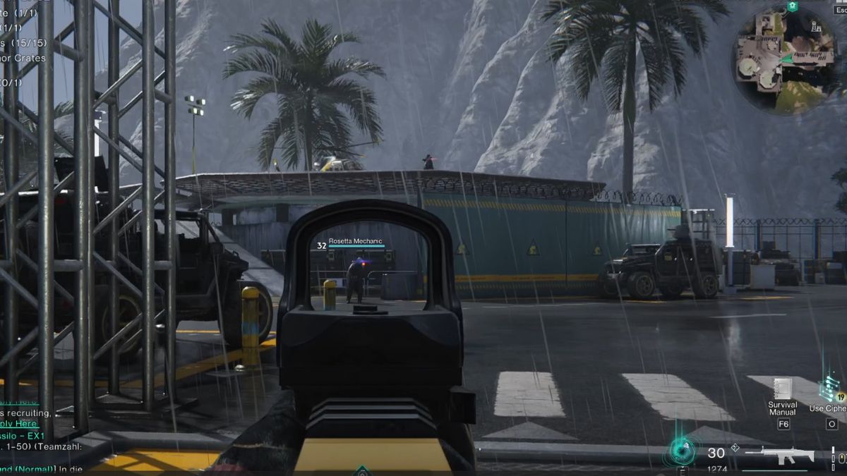 A player points his weapon at a Rosetta Mechanic Elite enemy at Gaia Military Base in Once Human. 