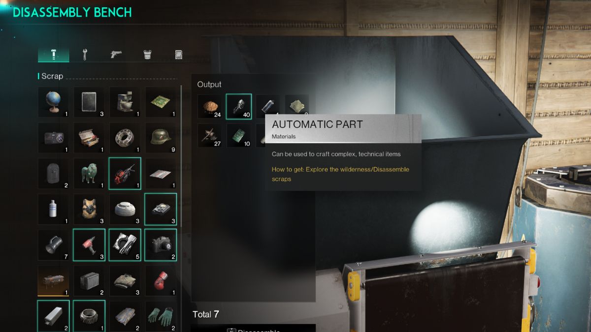 The disassembly bench interface in Once Human, with the player receiving Automatic Parts from disassembling materials found in Red Sands.