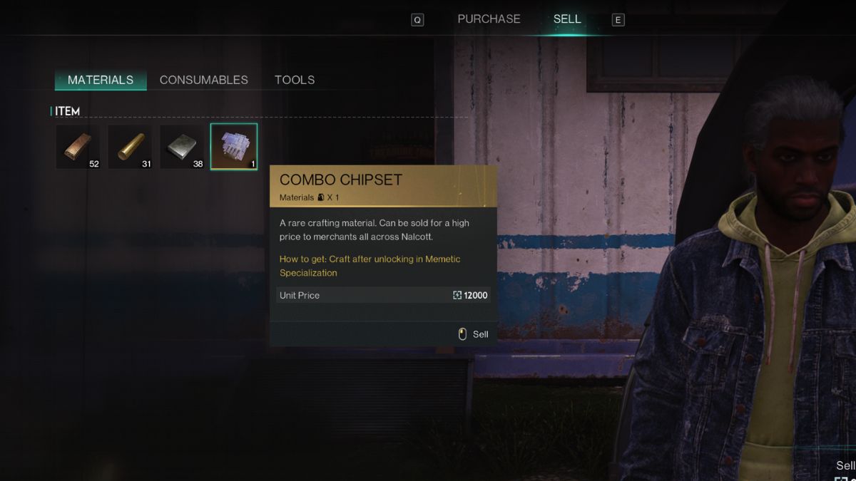 A Player selling a Combo Chipset for Energy Links at a shopkeeper in Once Human.