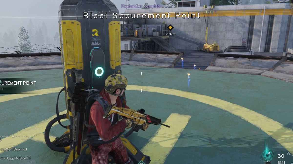 Player standing by the Rift Anchor at Ricci Securement Point as the Exploration complete message shows on-screen.