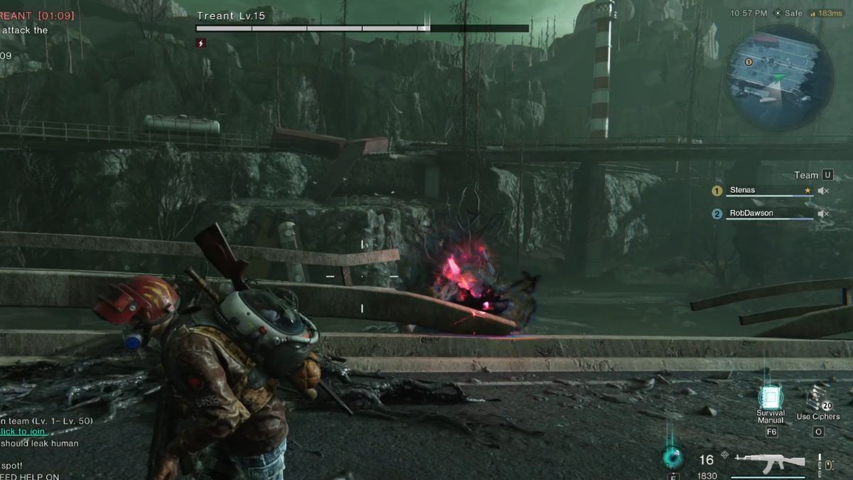 A player taking cover from the beam attack of the boss at the Gaia Cliff Monolith.