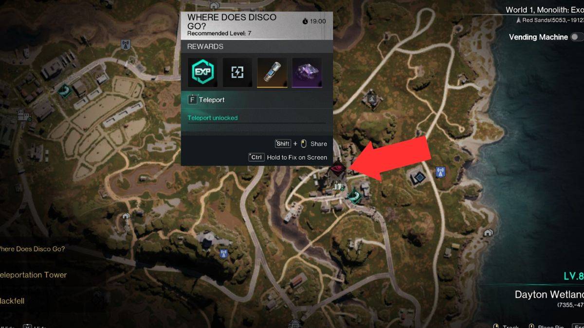 A public crisis event on the Once Human map marked with an arrow.