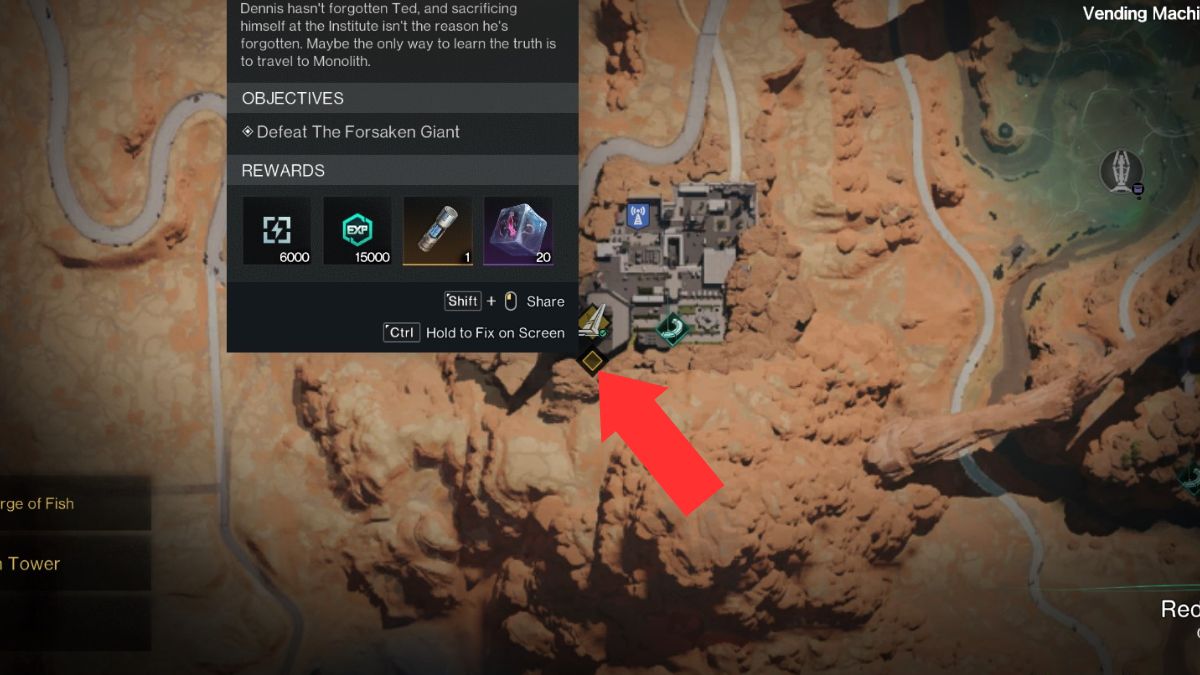 A quest marker on the map in Once Human highlighted by an arrow for beginners. 