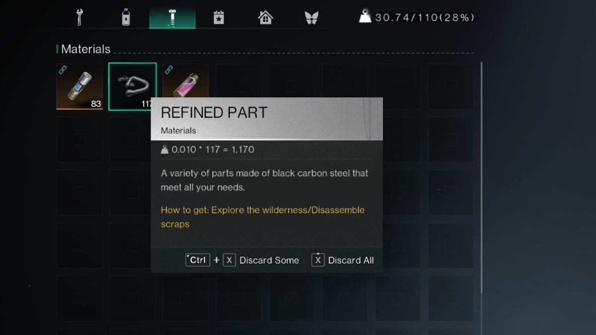 Refined parts in a player inventory with extra detail in Once Human.