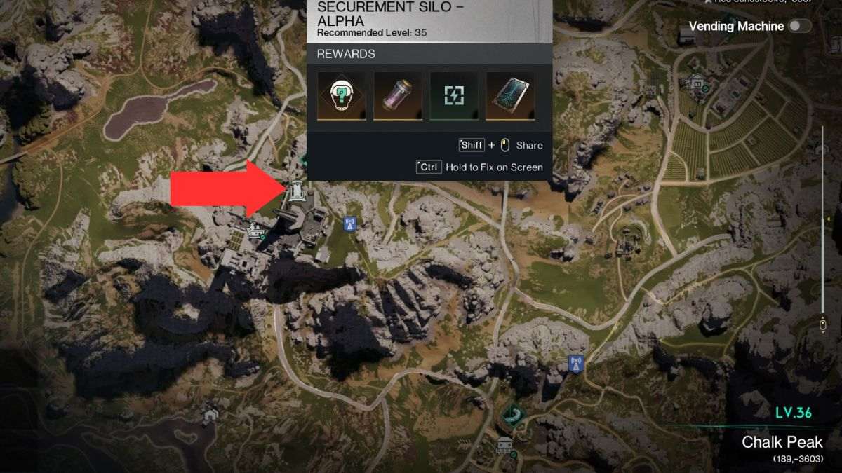 Securement Silo Alpha location marked on a map and highlighted by an arrow in Once Human.