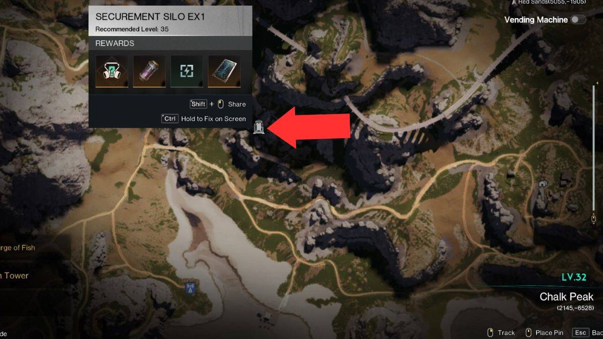 Securement Silo EX1 location marked on a map with an arrow in Oncec Human.