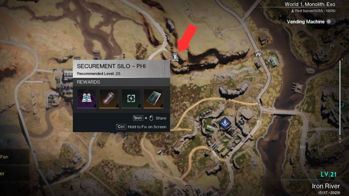 A map with an arrow showing the location of Securement Silo PHI in Once Human.