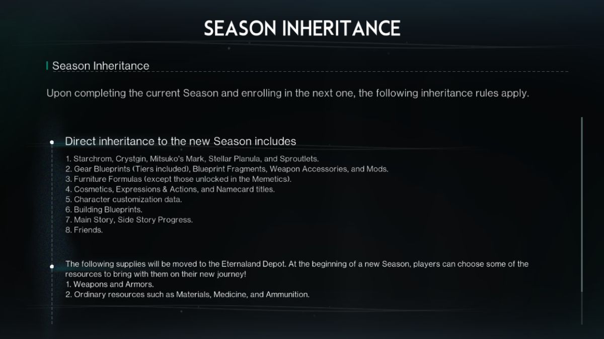 Season Inheritance details in Once Human, referring to the seasonal wipes.