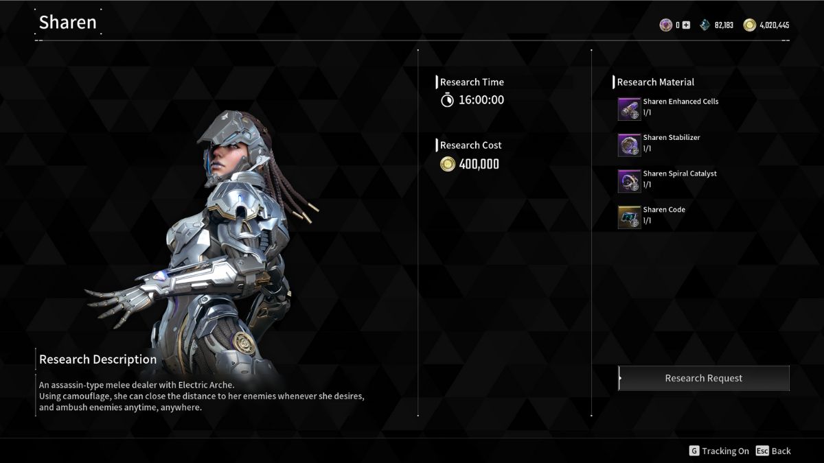 Sharen from The First Descendant with her unlock requirements on the research screen.