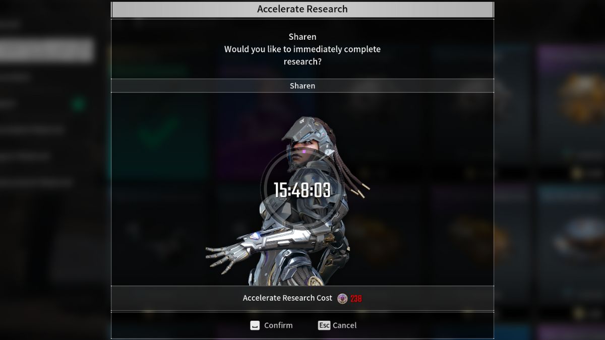 Sharen's research progress screen showing that it takes 16 hours to unlock her.